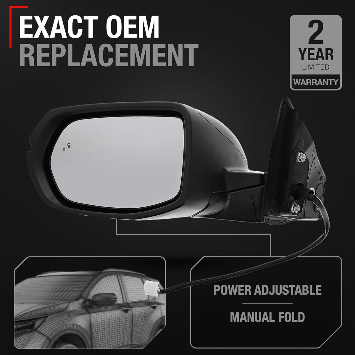 Driver Side Mirror - Compatible with 2017-2022 Honda CR-V - Powered Adjustment, Manual Folding, Heated with Turn Signal, Blind Spot Detection, Flat Glass - Smooth Black, 14H9P - OEM 76258TLAA32