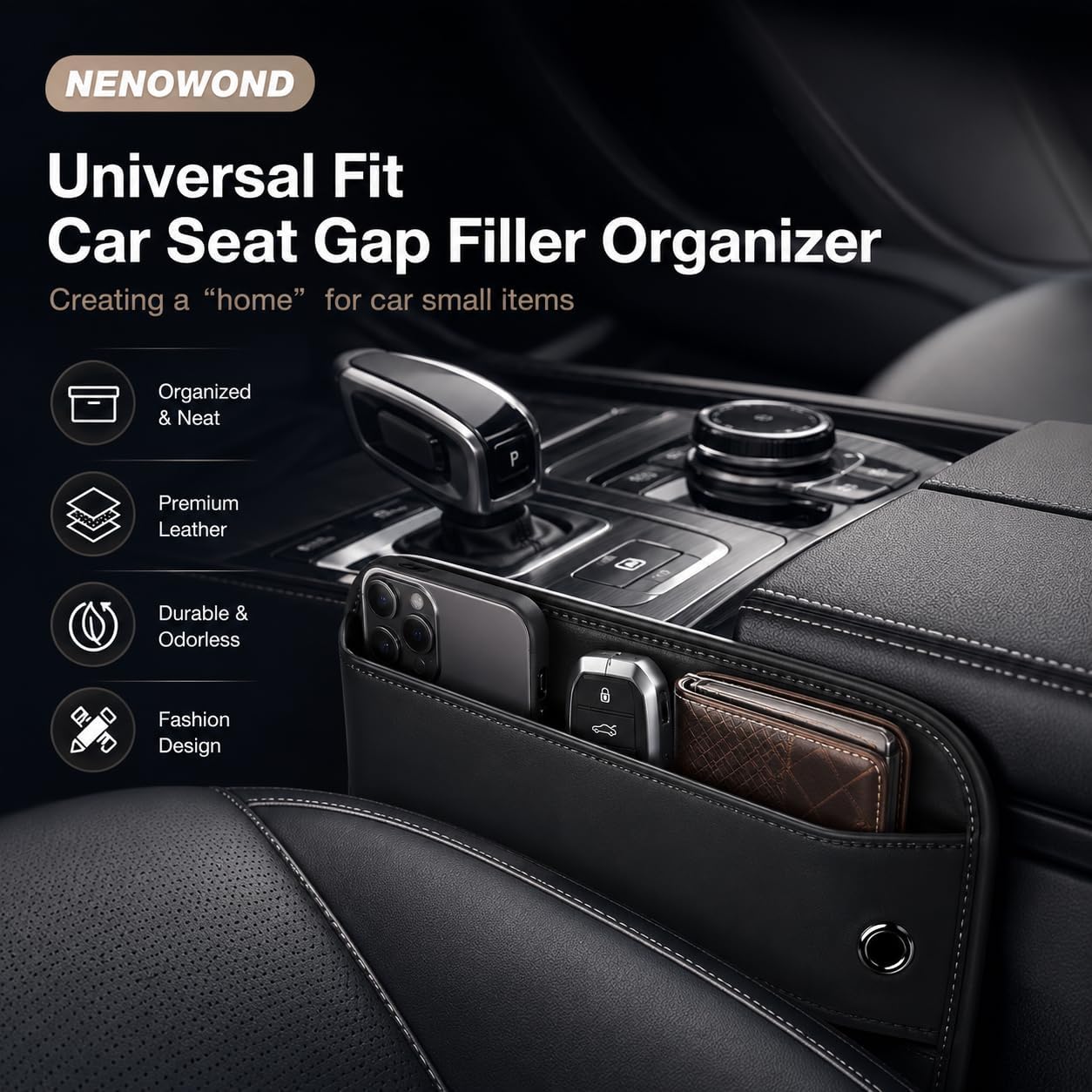 Premium Leather Car Seat Gap Filler Organizer, Universal Center Console Storage for Phone Keys Wallet, Car Accessories for SUV Truck Sedan(2Pack) (Black)