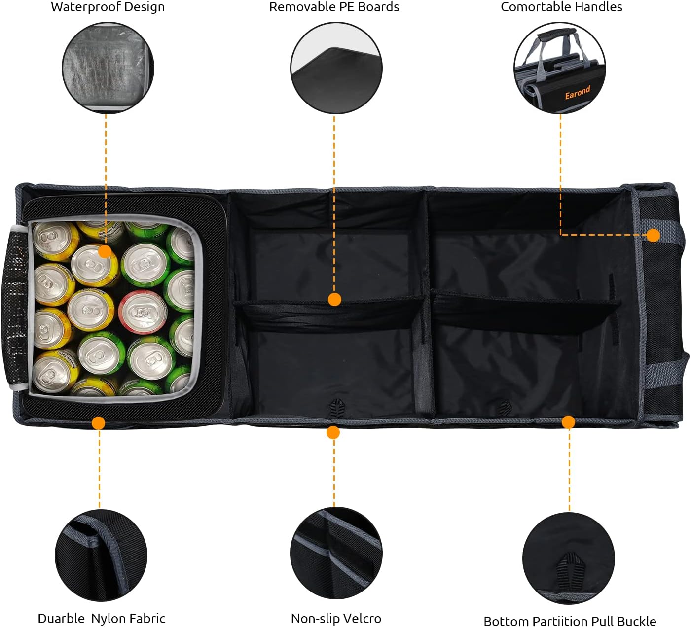 Collapsible Trunk Organizer with Insulated Leakproof Cooler Bag,Removable Lid,Adjustable Securing Straps,3 Compartments Trunk Organizer for SUV,Truck,Sedan(Grey & Black)