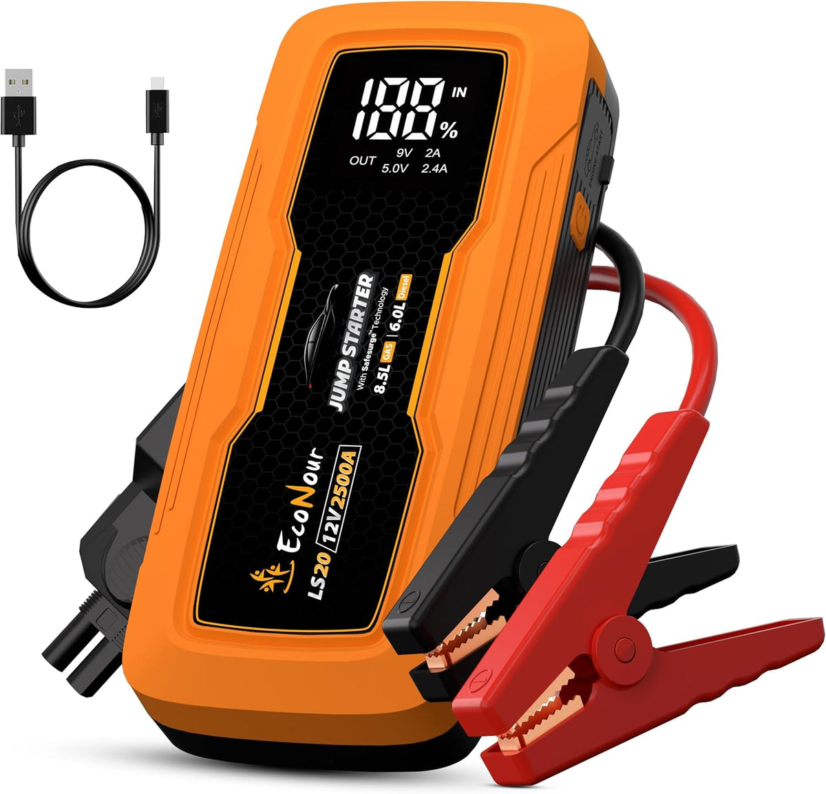 EcoNour 2500A Portable Car Jump Starter 12V Battery Booster Pack Up to 8.5L Gas & 6L Diesel Engines – Jump Box with Jumper Cables, USB Charger, LCD Display, LED Flashlight – for Cars, SUVs, Trucks