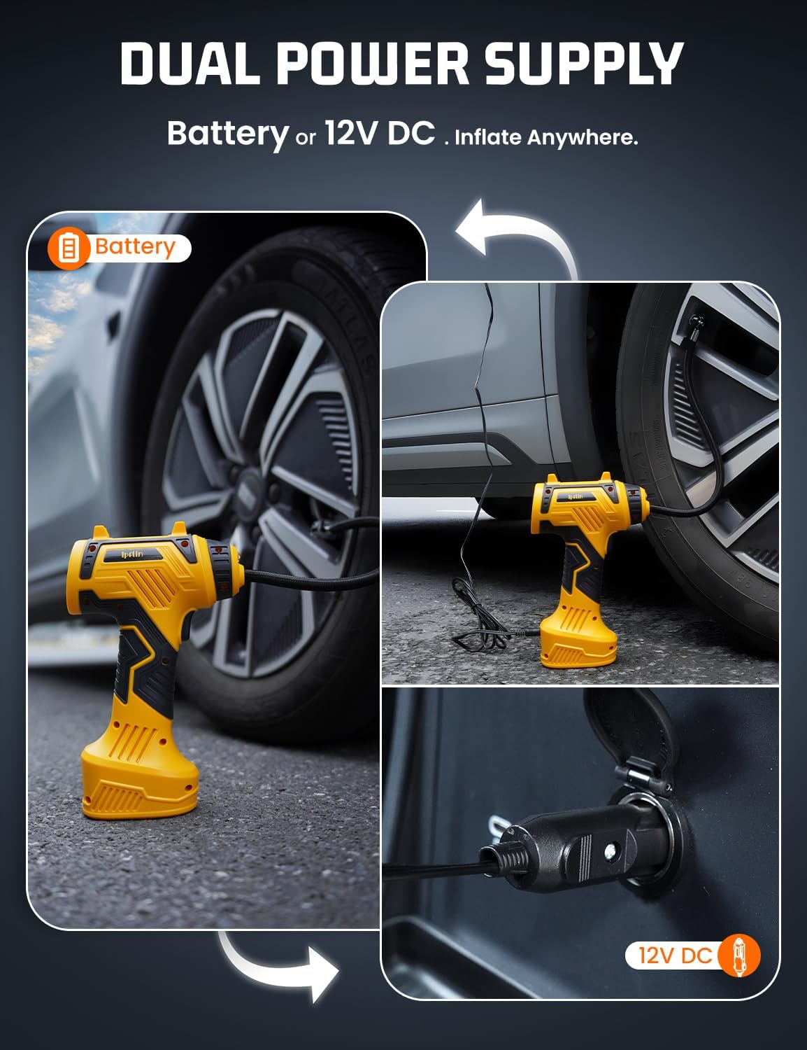 160 PSI Tire Inflator Portable Air Compressor Built-in Battery, Dual Power