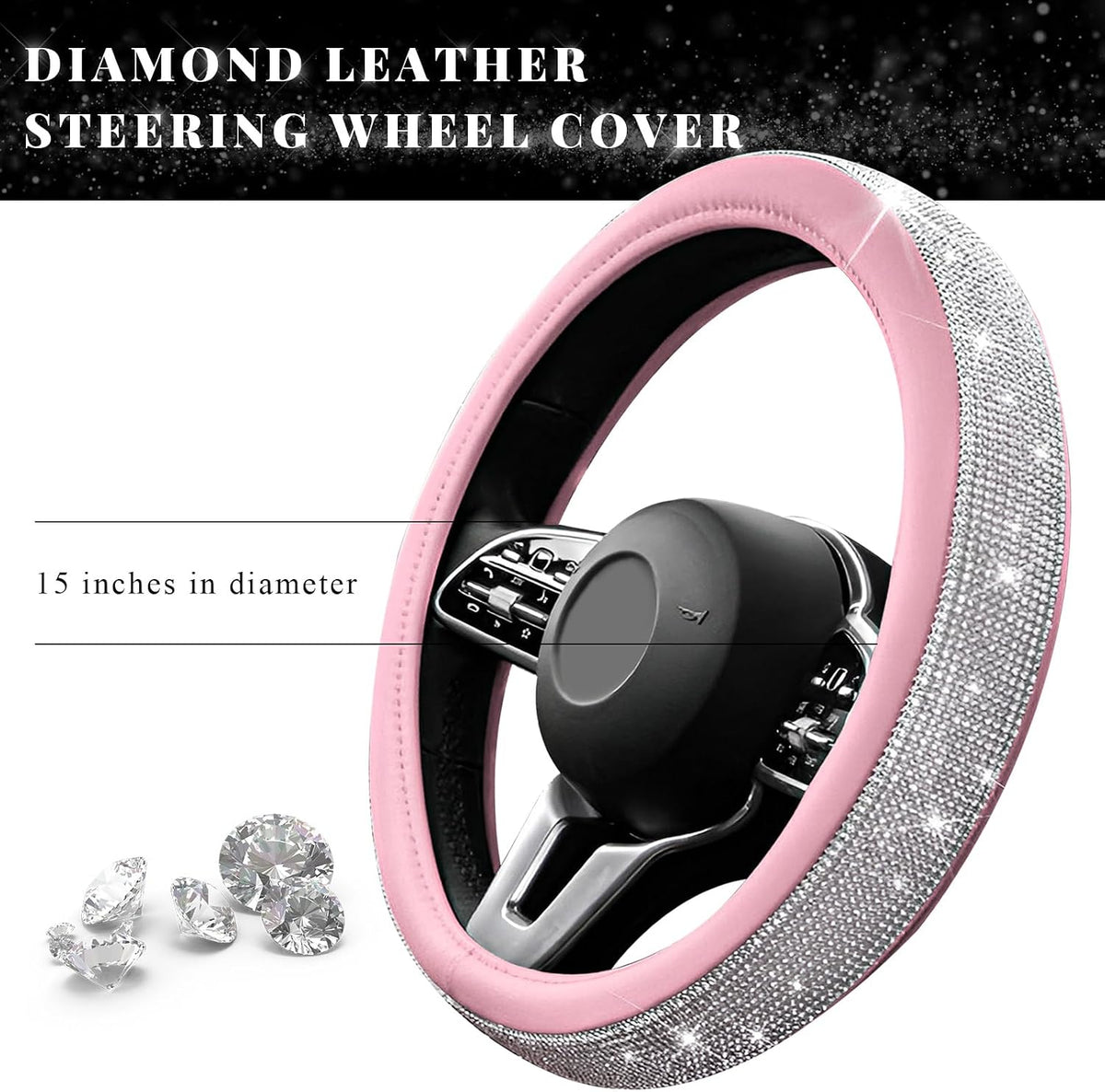 Diamond Leather Steering Wheel Cover, 15 Inch Bling Crystal Rhinestone Anti-Slip Wheel Protector, Universal Sparkling Elegant Diamond Steering Wheels Cover for Women Girl (White&Pink)
