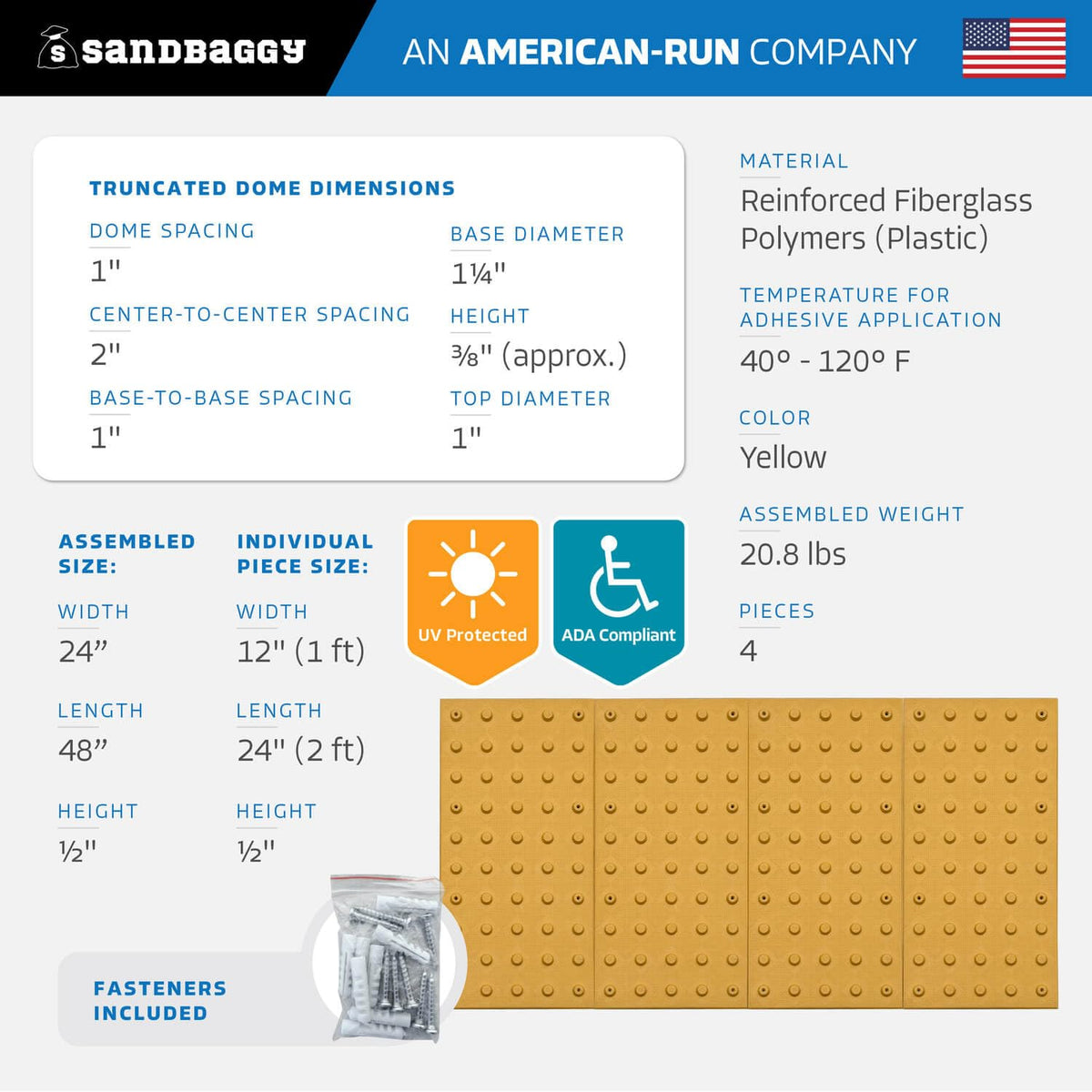 Sandbaggy 24" x 48" ADA Warning Pads Set (Assembled Size) - Fasteners Included - ADA Compliant - Surface Mounted Truncated Domes (1, 24" x 48")