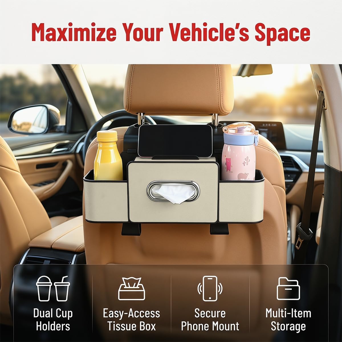 4-in-1 Car Backseat Organizer, Beige