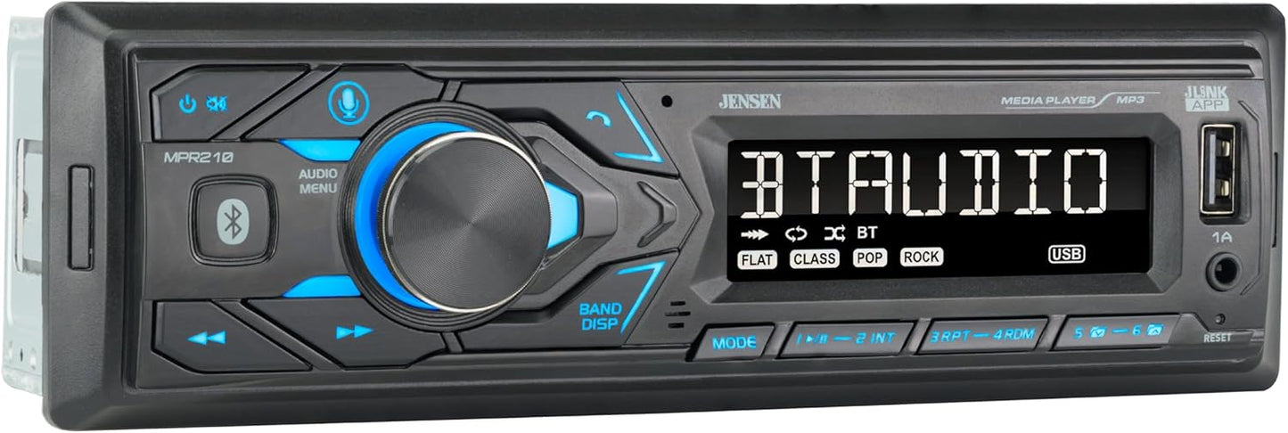 Jensen MPR210 Single DIN Bluetooth Car Stereo, Hands-Free, AM/FM, USB | Bluetooth hands-free calling and streaming, push-to-talk assistant, USB playback and charging