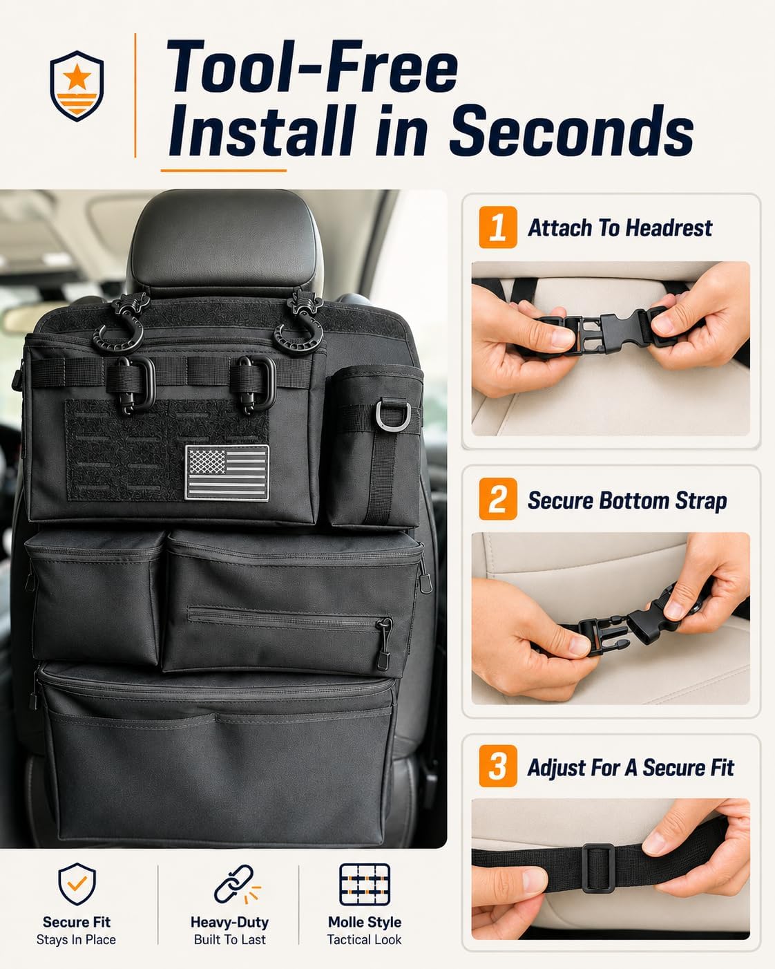 Backseat Car Organizer, Tactical MOLLE Seat Back Organizer with 6 Pockets