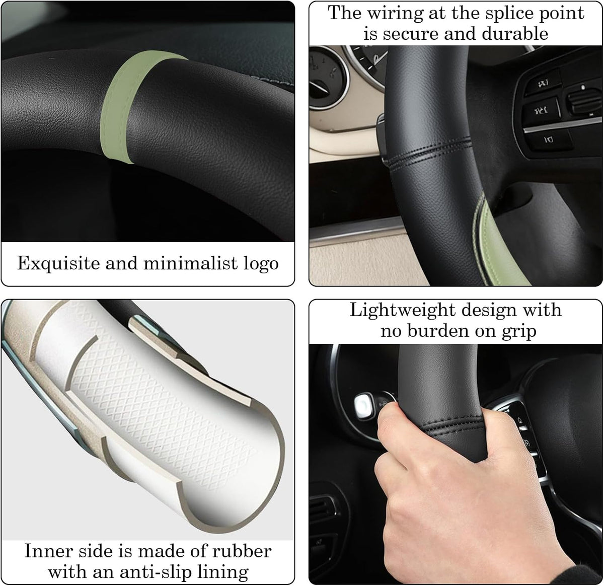 Black Avocado Green Car Steering Wheel Cover, Nappa Leather, Bottom Color Blocking, Universal 14.5-15 Inch Leather Anti-Slip Breathable Auto Steering Wheel Covers for Men Women