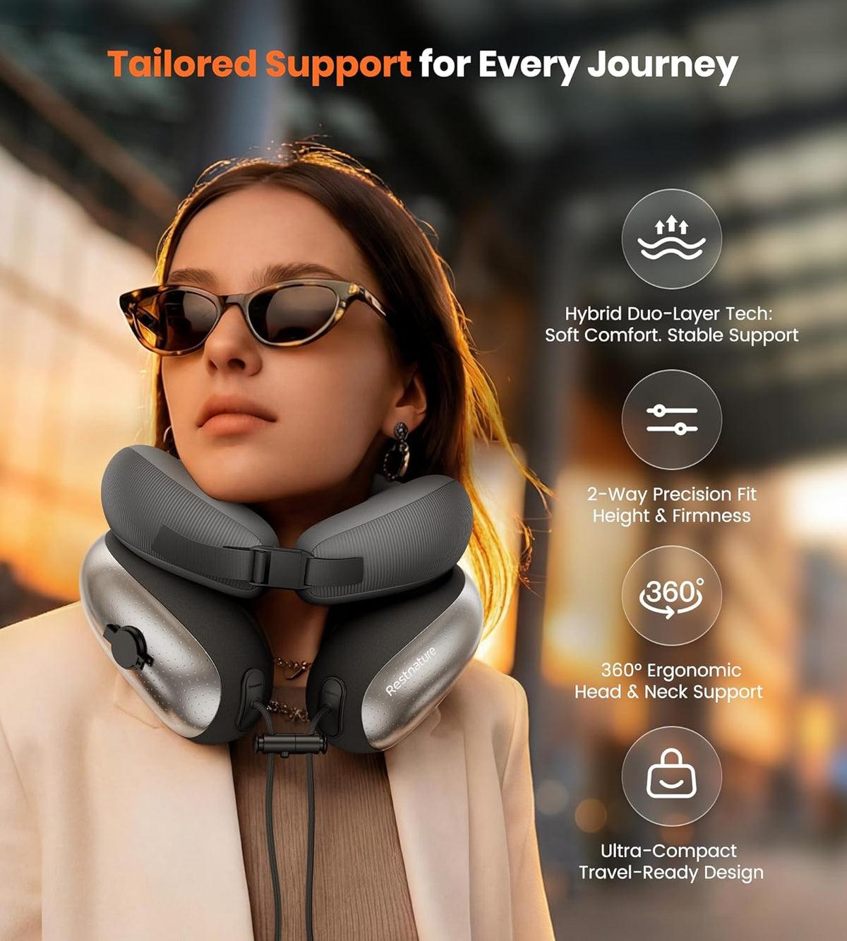 Neck Pillow for Traveling, Travel Pillows for Airplanes, Adjustable Neck Pillow Airplane Travel Essentials - 2 Layer Patented | Inflatable Air Loop & Memory Foam for 360° Ergonomic Support