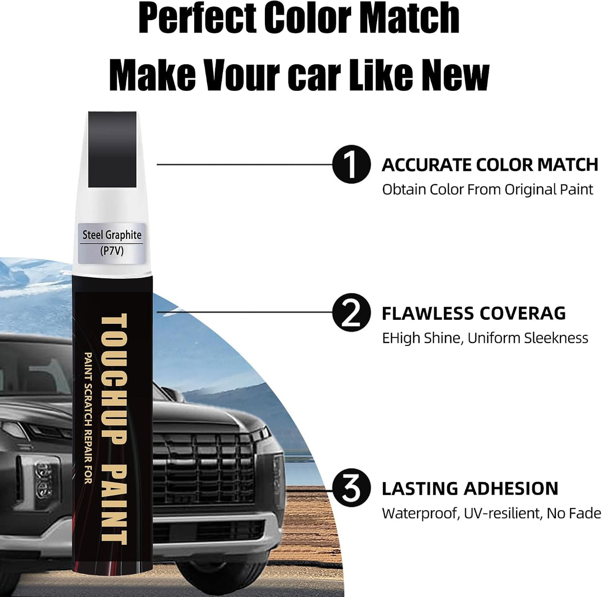 Steel Graphite(P7V) Car Paint Touch Up Pen Compatible with Hyundai, 2-In-1 Color Accurate Touch Up Car Scratch Repair Paint Exact Match Hyundai Series Automotive Scratch Remover for Nicks&Chips Repair