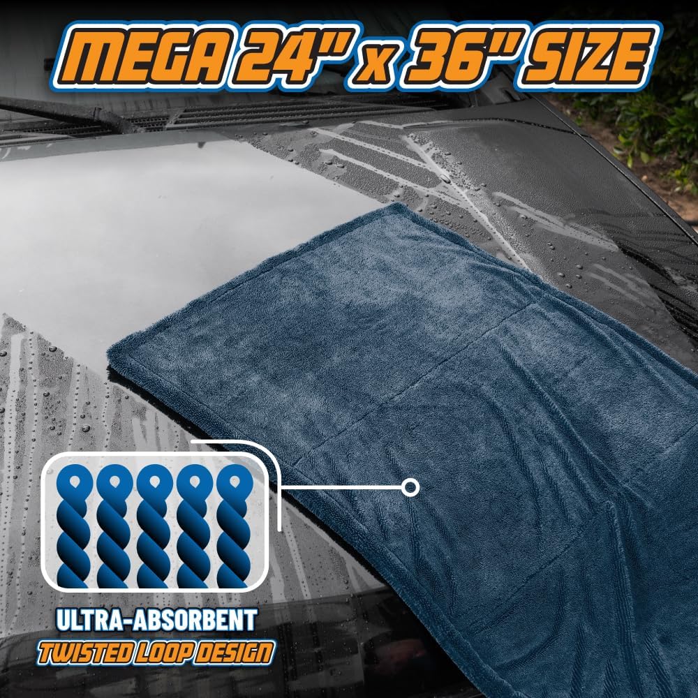 Chemical Guys Megalodon Microfiber Drying Towel with Twisted Loop Technology, Super Plush Absorbent 24" x 36" Microfiber Towel for Cars, Trucks, SUVs, RVs, and More, Extra Large Dark Blue Drying Cloth