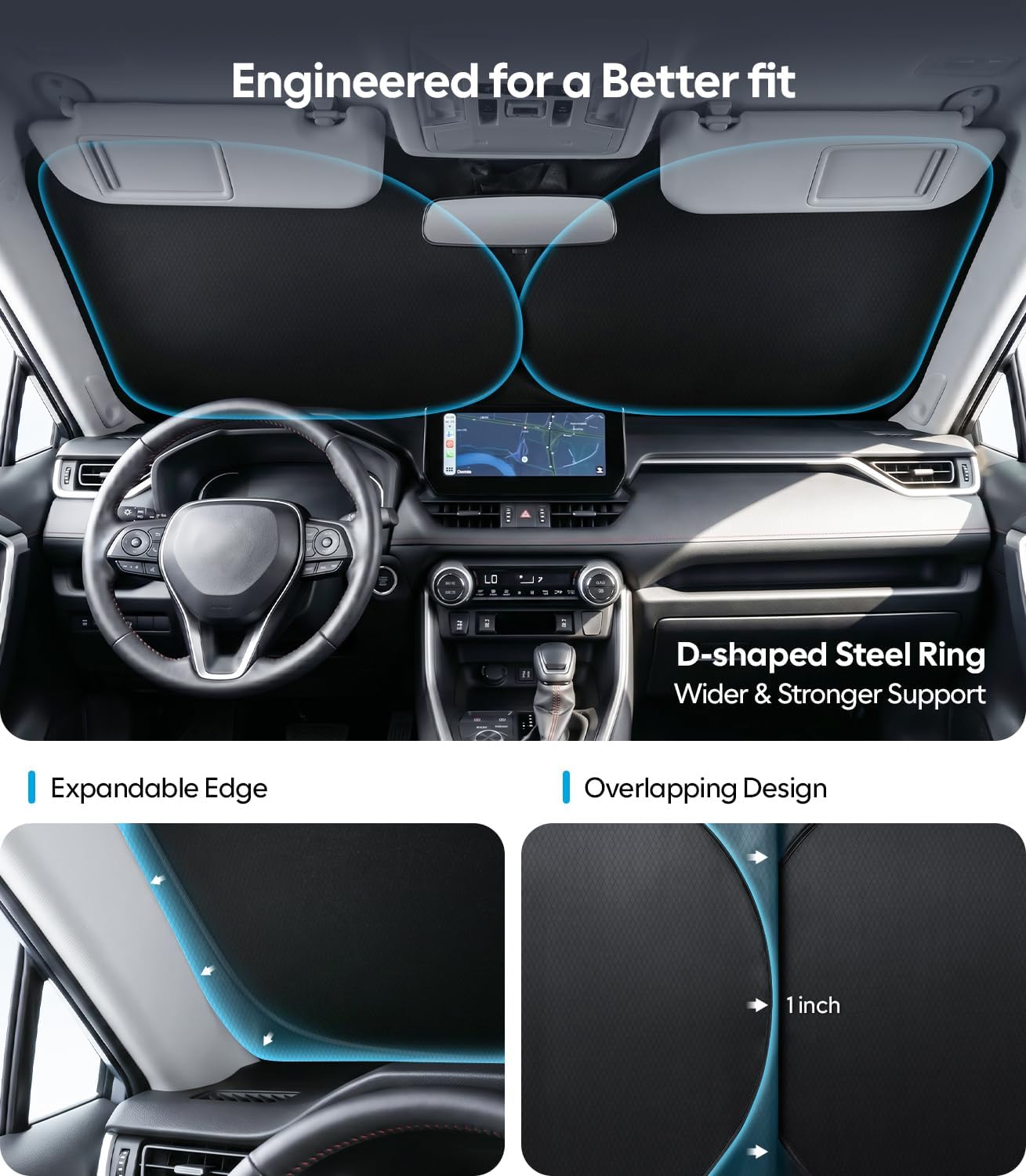 Wigoo 2026 Upgrade Universal Car Windshield Sun Shade [100% Light Block, Durable 210D Oxford] Foldable Heat Insulation Interior Sun Visor to Keep Interior Cool with Storage Bag, M(64"x32")