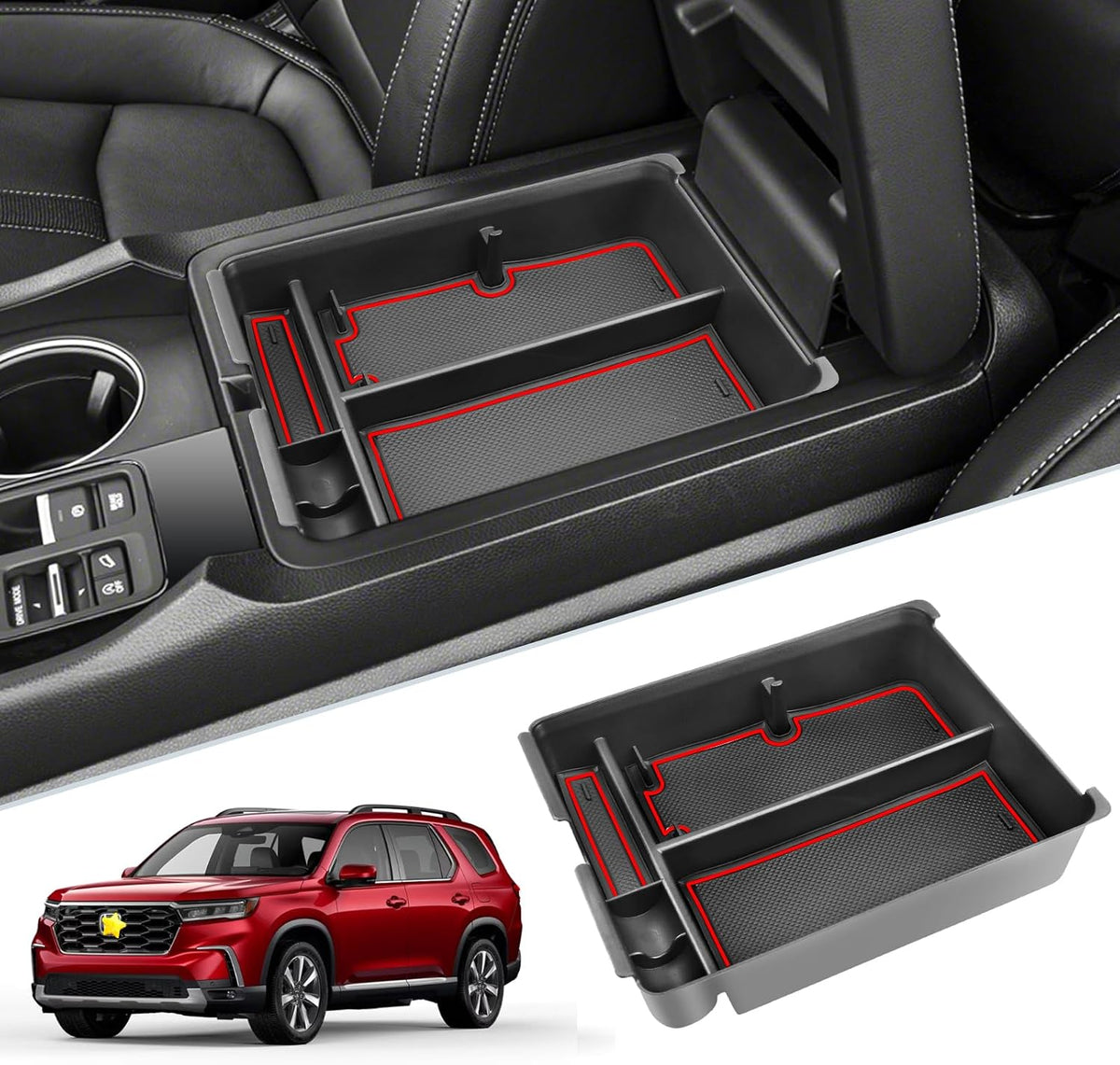 SKTU for 2025 2026 Honda Pilot Center Console Organizer 2023-2026 Pilot/ 2024-2026 Passport Armrest Tray 2025 2026 Passport Console Tray 2025 2026 Pilot Accessories with Sunglasses Holder (Red)