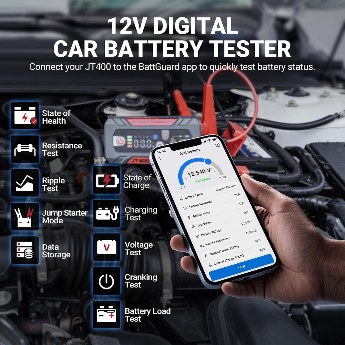 LOKITHOR JT400 2500A Portable Jump Starter with 100–2000 CCA Battery Tester, 12V Car Battery Jump Starter for Up to 8.5L Gas or 6.5L Diesel Engines, Smart Bluetooth Automotive Battery Load Tester