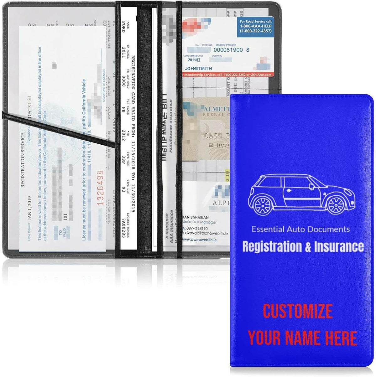 Custom Car Registration and Insurance Card Holder Personalized Leather Glove Box Organize Men Women Wallet Accessories Case for Cards, Essential Document Driver License Blue