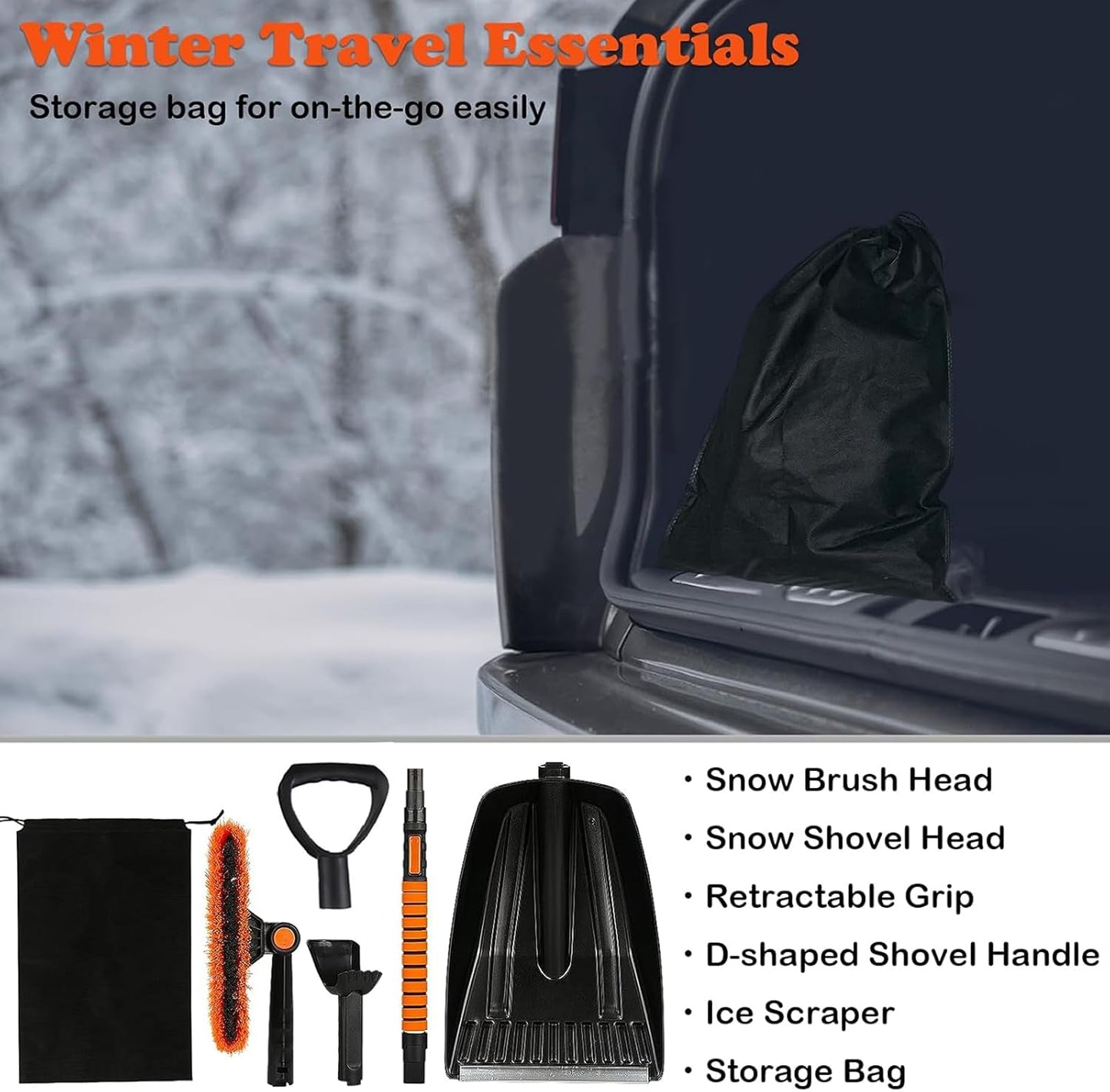 42'' Ice Scraper and Extendable Snow Brush for Car Windshield with with Foam Grip and 360° Pivoting Brush Head Snow Scraper,Snow Pushing Plate, Pivoting Snow Broom