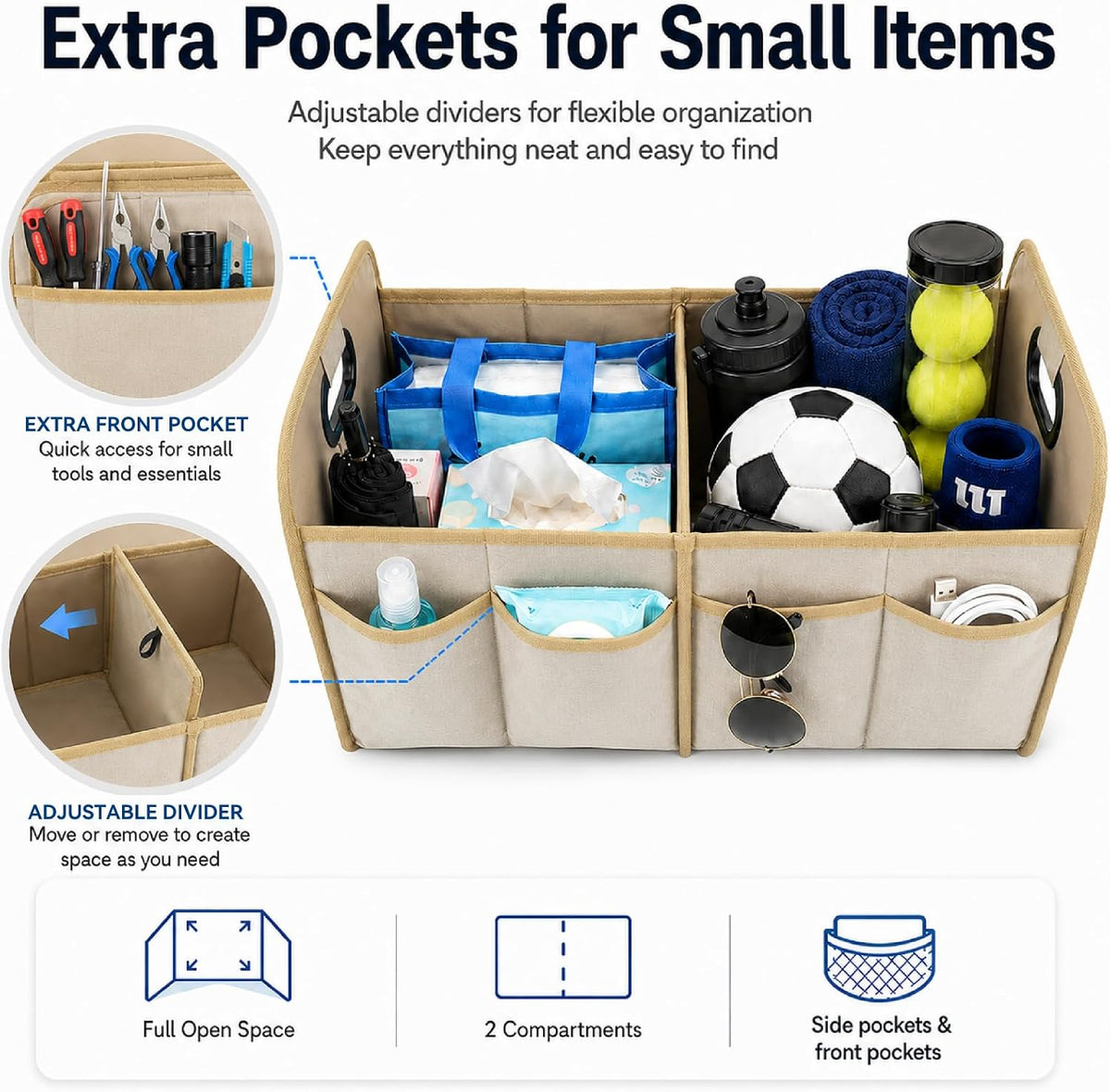 PAT SAM'S Trunk Organizer for SUV, Collapsible Car Trunk Organizer with Dividers, Waterproof 600D Oxford, Non-Slip Storage Organizer for Groceries, Tools, Travel, Truck & Car (Beige)