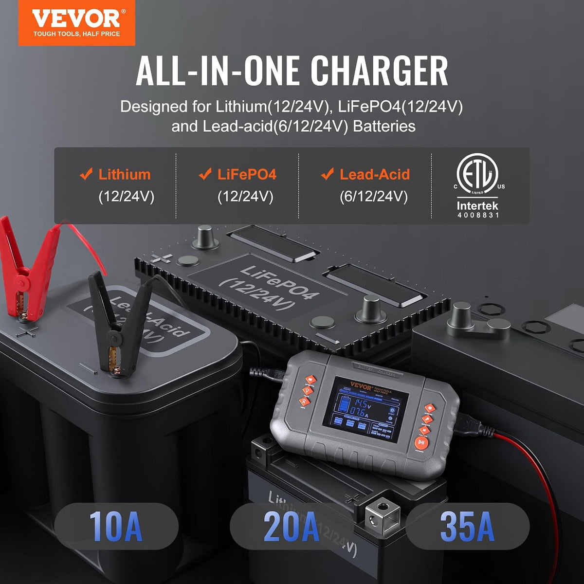 VEVOR Smart Battery Charger, 35-Amp, Lithium Lead-Acid Car Battery Charger