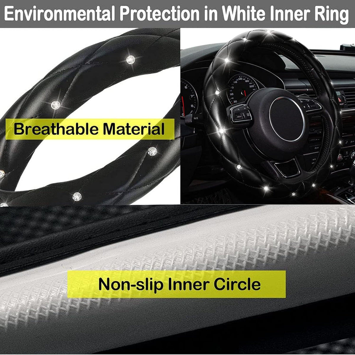 Diamond Leather Bling Steering Wheel Cover, Universal Car Steering Wheel Protector with Crystal Rhinestones Anti-Slip Soft Interior Accessories for Women and Girl Fit 15 inch -Black