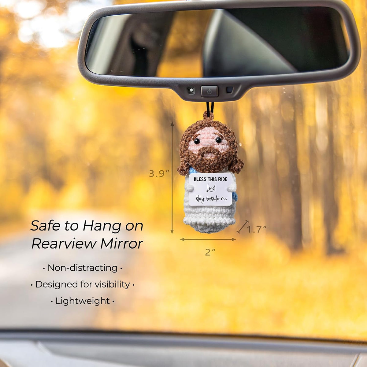 Bless This Ride Handmade Crochet Jesus Rearview Mirror Charm, with Safe Drive Blessing, Gift for Husband, Boyfriend or a Loved One, New Car Gift, Christian Car Accessory,Gifts for Father's Day.