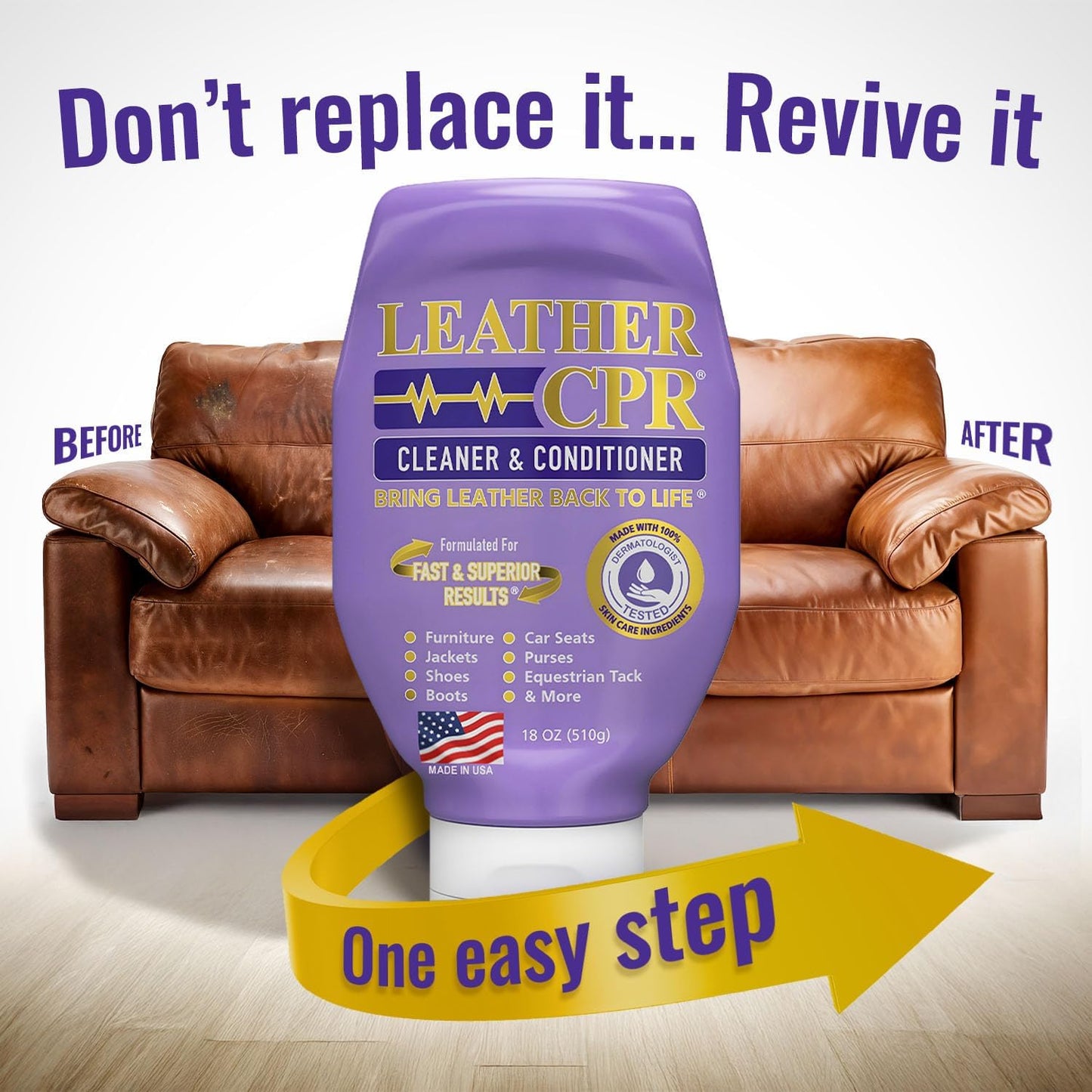 Leather CPR Cleaner and Conditioner 18oz. Bring Leather Back To Life on Furniture, Car Seats, Handbags, Jackets, Boots, Saddles, Purses &amp; Shoes. Restores Shine, Softness &amp; Color to Real Leather
