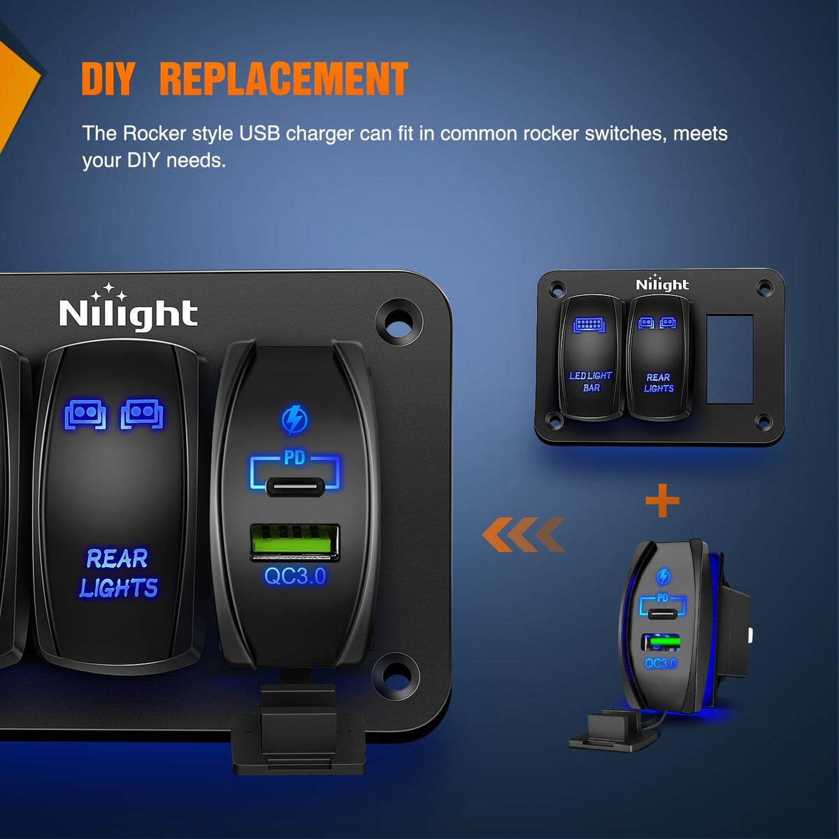 Nilight Rocker Switch Style USB Outlet Socket Fits Panel