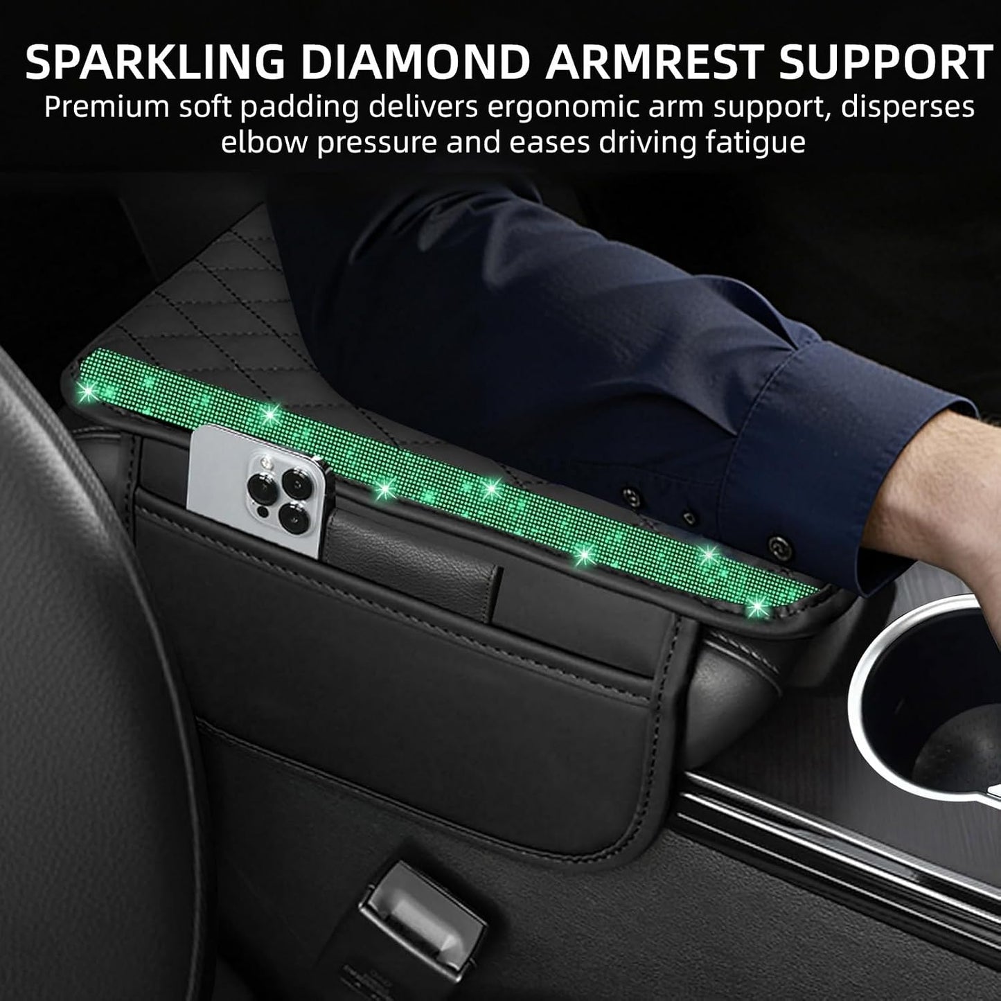 NBTEPEM Bling Car Center Console Cover, Leather Car Arm Rest Cover Cushion with 2 Storage Bags, Universal Auto Armrest Protector Storage Box, Bling Accessories Interior for Most Vehicles (Green)