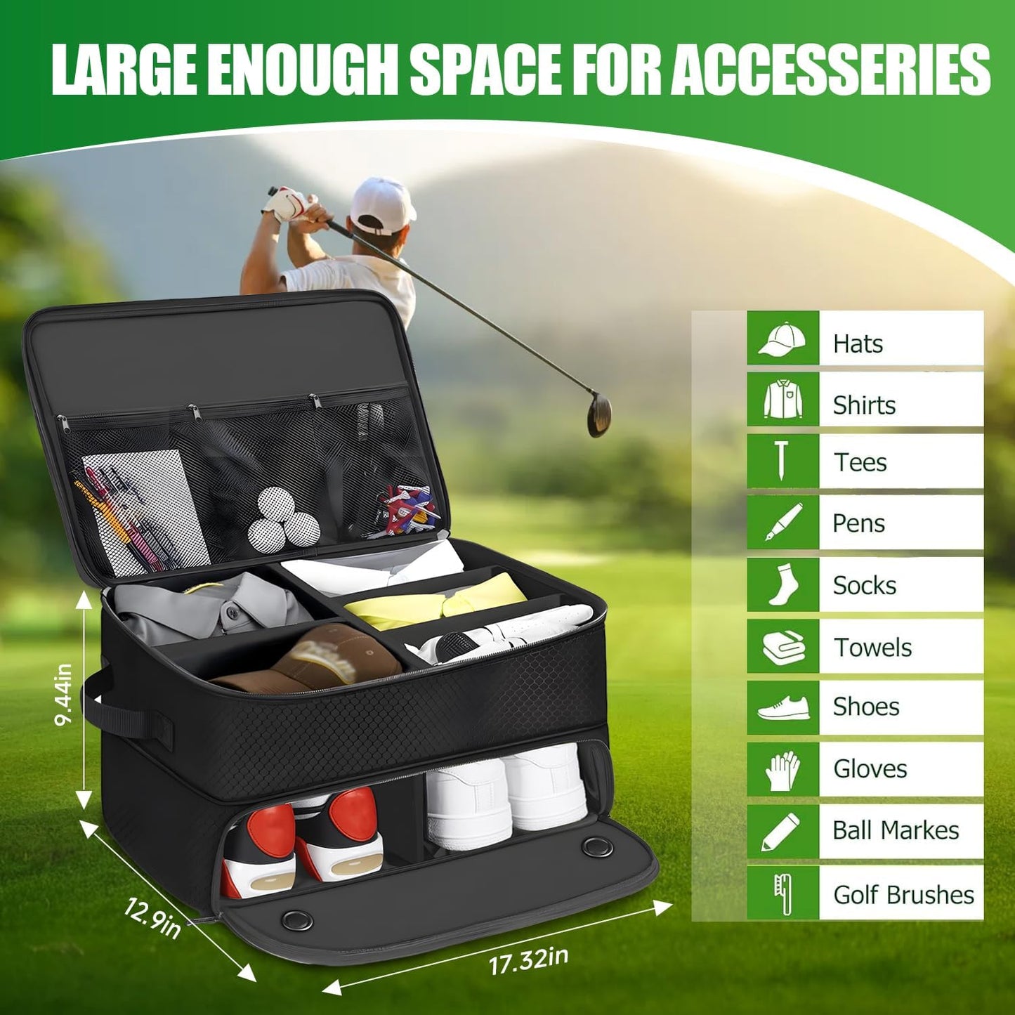Golf Trunk Organizer 2 Layer with Separate Compartment for 2 Pair of Shoes, Golf Bag Storage for Car, Waterproof,Trunk Locker for Balls, Tees,Gloves