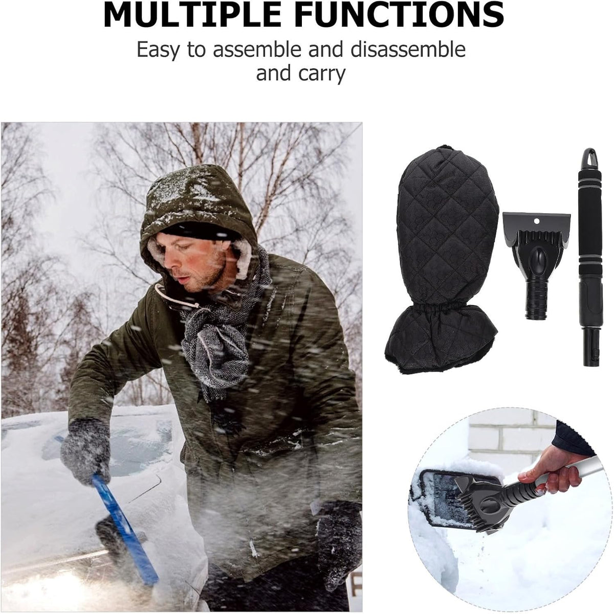 Xmas Car Snow Shovel Gloves, Telescopic Ice Scraper with Brush