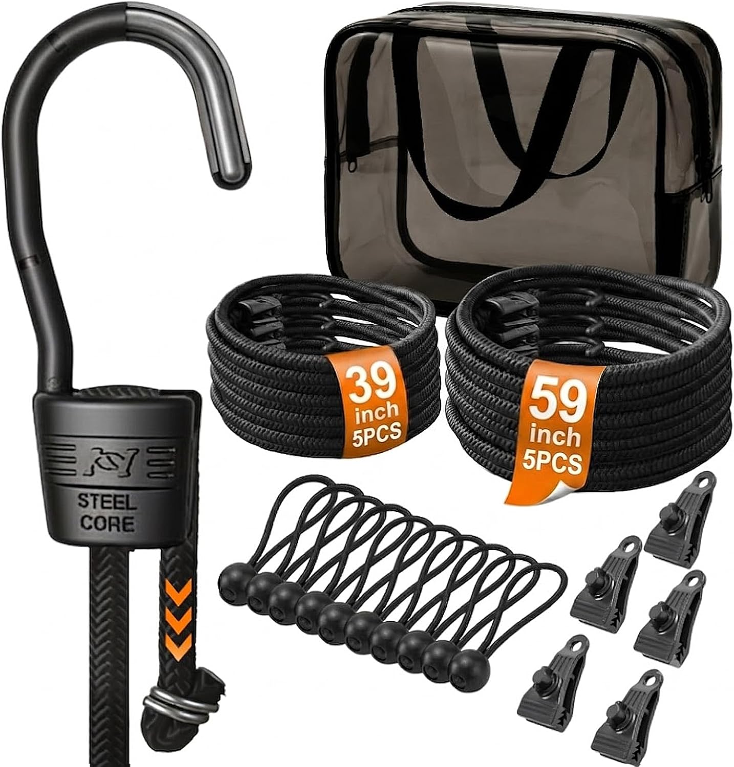Adjustable Bungee Cords with Hooks Heavy Duty Outdoor (26 Pcs), 3mm Steel Core Anti-Scratch Hooks, Premium Elastic Cord Set with Tarp Clips & Ball Bungees for Camping Gear, Tie Downs & Garage