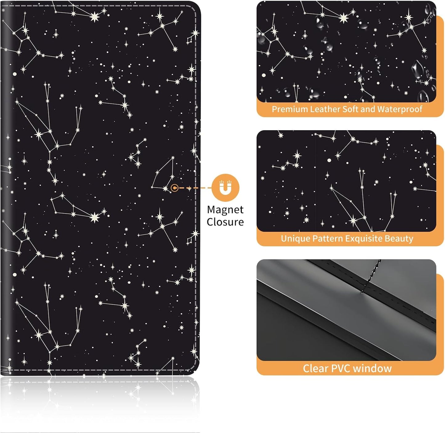 Premium Leather Car Registration and Insurance Card Holder with Magnetic Shut, Cute Vehicle License Document Glove Box Compartment Organizer Cool Car Accessories Black White Galaxy