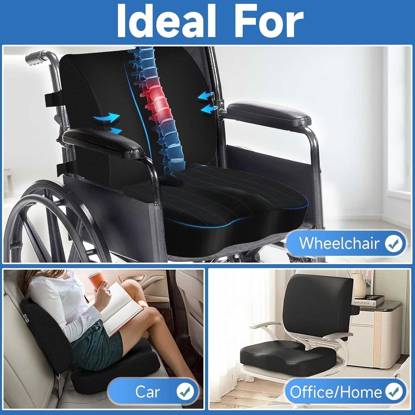 Wheelchair Cushion Set, Pressure Relief Seat Cushion with Lumbar Support, U-Shaped Design for Tailbone Comfort, Non-Slip Adjustable Straps, Breathable Removable Cover for Wheelchair Office Chair Car