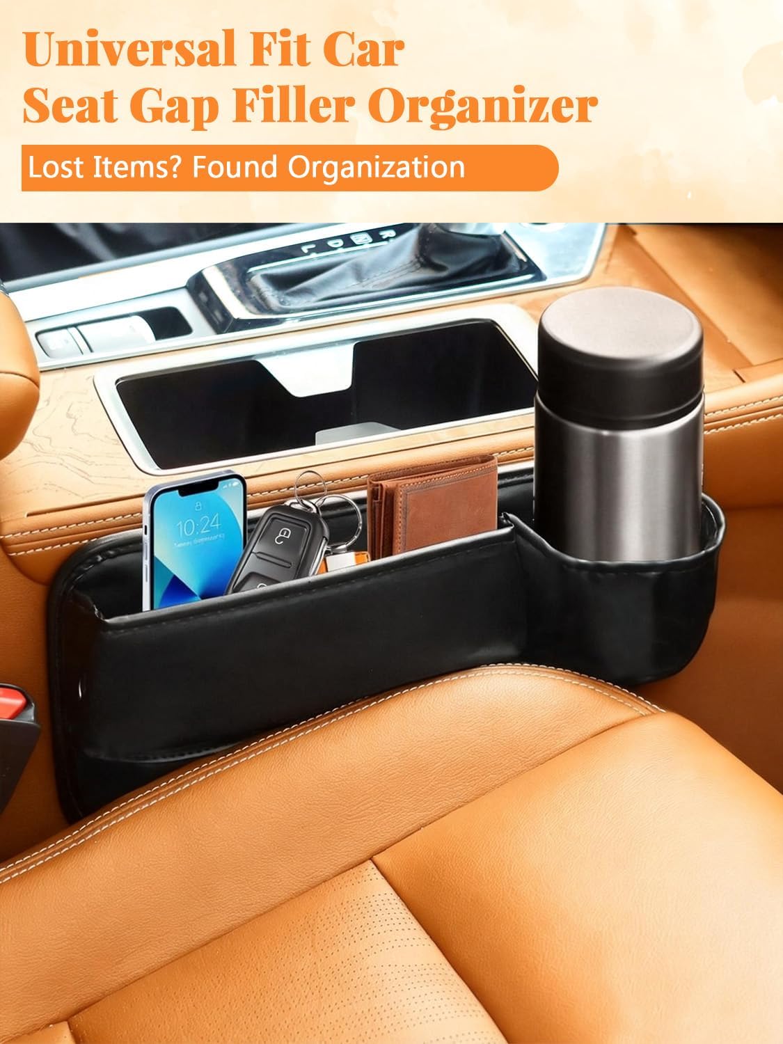 Car Seat Gap Filler Organizer,Car Seat Gap Storage with Cup Holder for Drink, Front Seat Gap Storage Box, Universal Fit PU Leather Gap Bag for Sunglasses, Cards, Keys(Left+Right Side)
