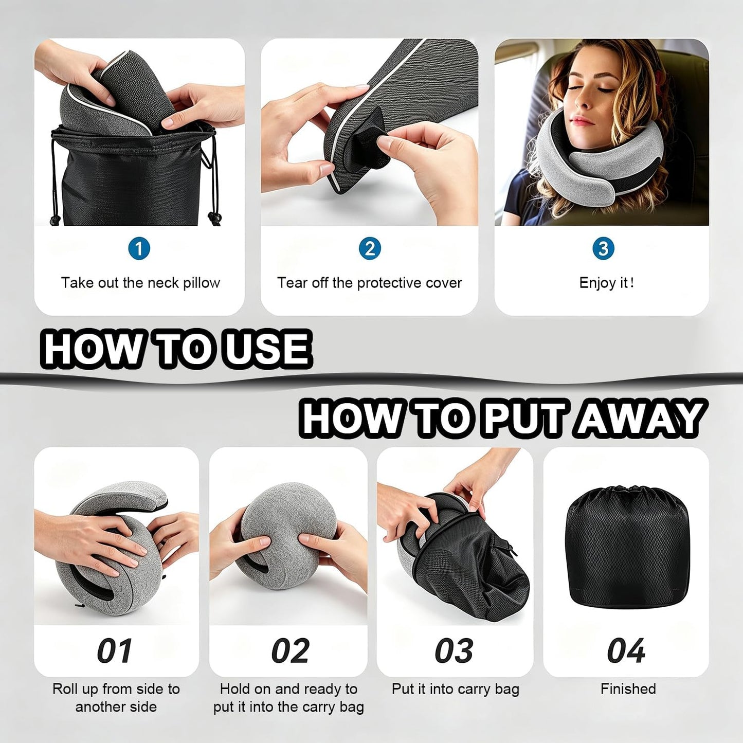 Ergonomic Airplane Pillow and Airplane Foot Hammock, Ultra Portable Neck Pillow with 360° Head Support, Portable Travel Foot Rest with Adjustable Strap, Includes Eye Mask & Ear Plugs, for Flight, Car
