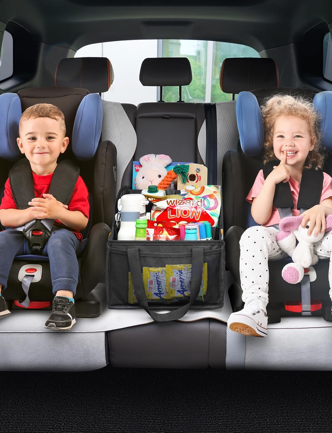 YOHOOLYO Car Seat Organizer Backseat Car Organizer with 4 Compartments, 4 Cup Holders and 7 Mesh Pockets for Front and Rear Seat, Black