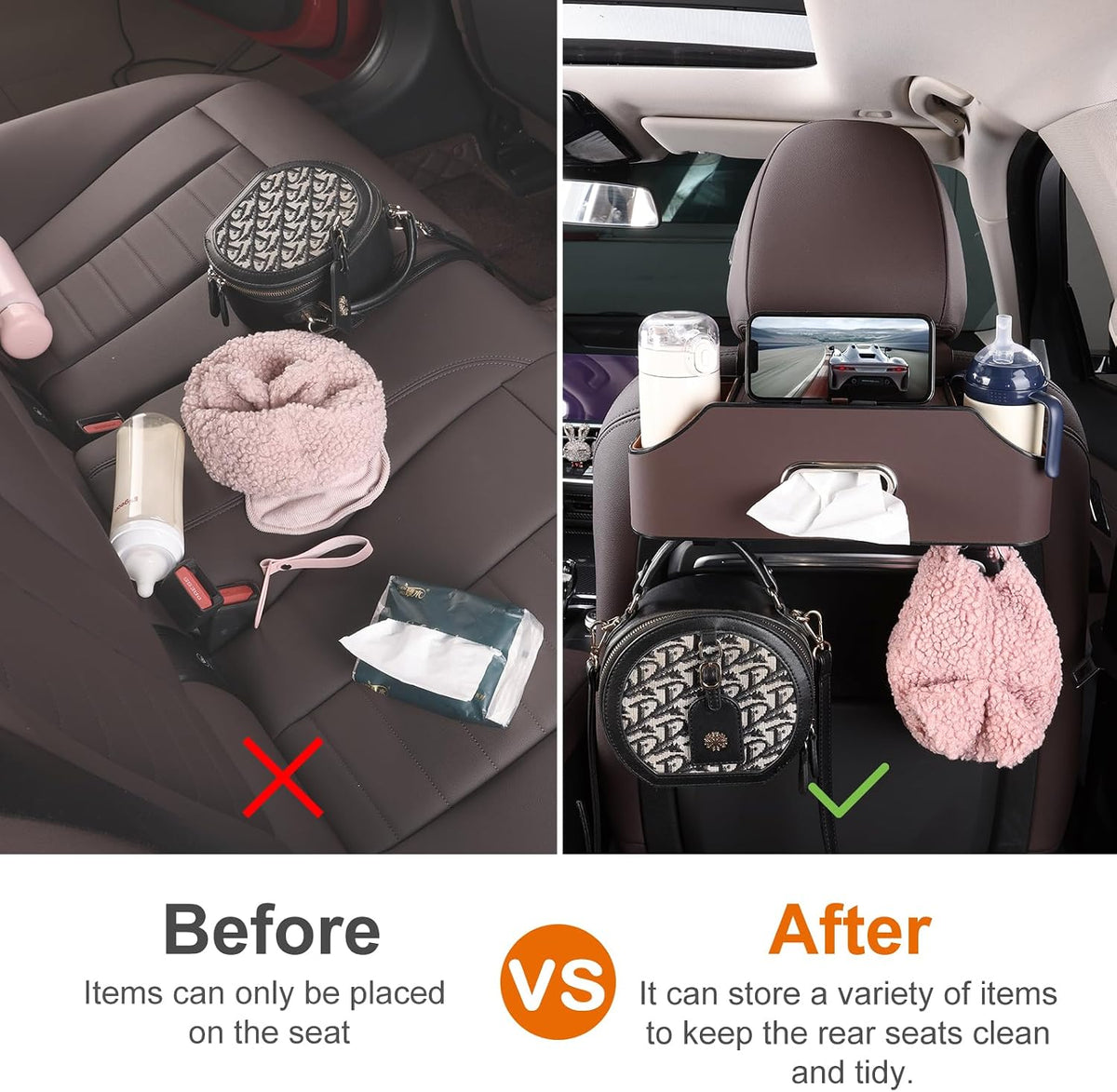 Car Seat Back Cup Holder, 4-in-1 Multifunctional Backseat Organizer with Tissue Box Storage & Hooks (Brown)