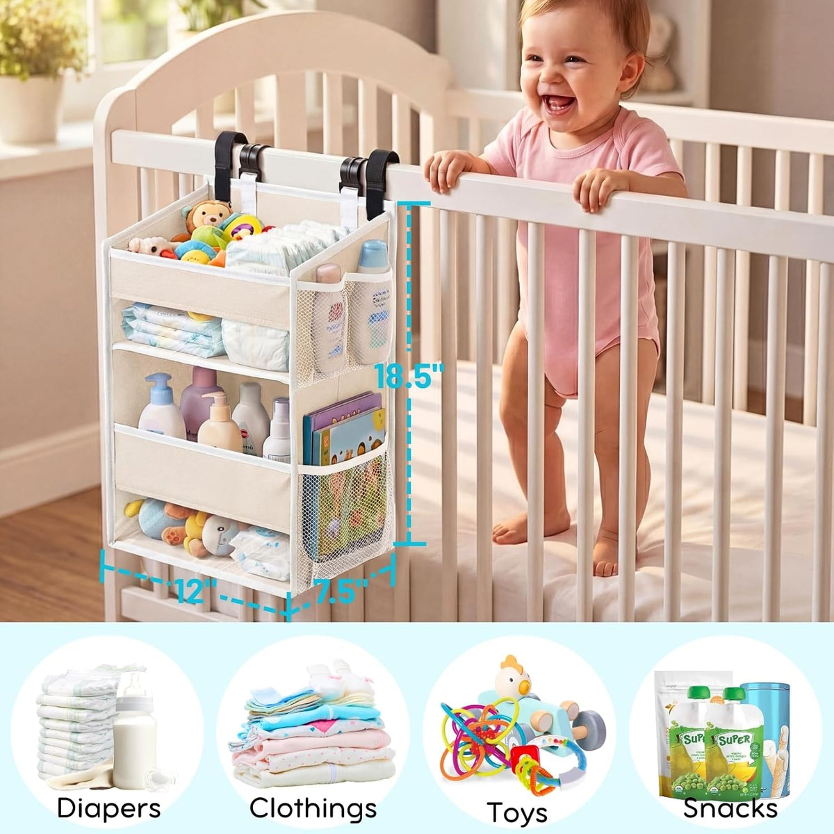 Hanging Diaper Organizer, 2 Tier Hanging Diaper Caddy, Holds 90+ Diapers | Diaper Organizer for Changing Table,Cribs,Car,Playard or Wall & Nursery Organization, 4 Mesh Pockets, Won't Deform, Beige