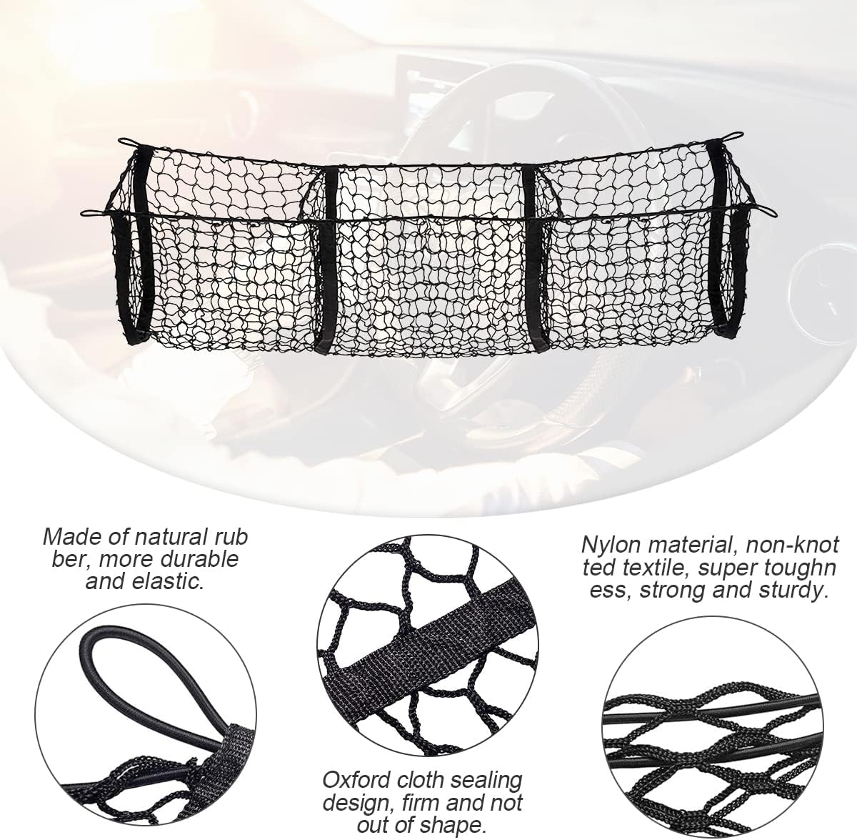 3-Pocket Car Trunk Cargo Net with Carabiners