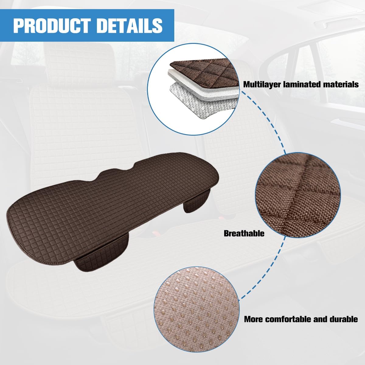 Car Back Seat Cover, Linen Breathable Vehicle Rear Bottom Bench Seat Protector with Storage Pocket, Anti-Slip Comfortable Long Automotive Rear Chair Cover, Universal for Vehicles (Coffee)