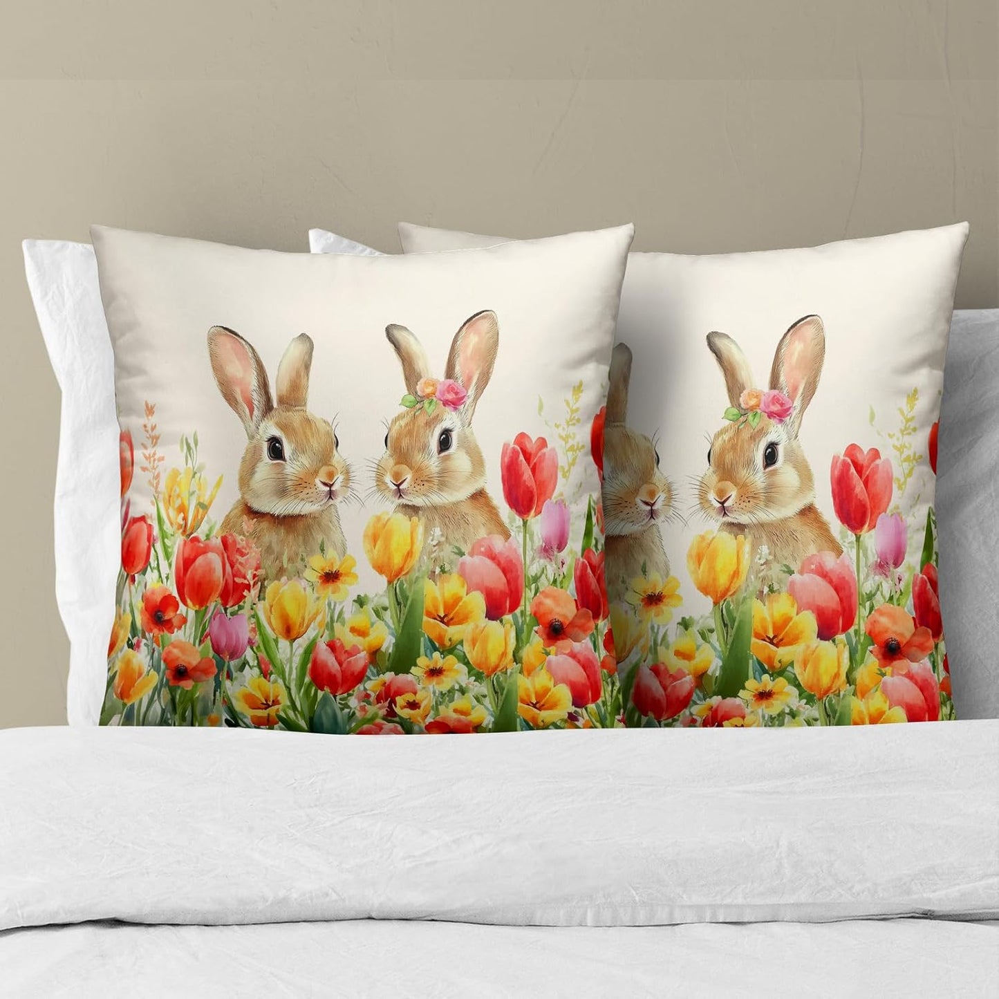 Giwawa Easter Bunny Throw Pillow Covers 16x16 Inch Set of 2 Spring Floral Decorative Pillow Cases Cotton Holiday Cushion Cover for Home Sofa Couch