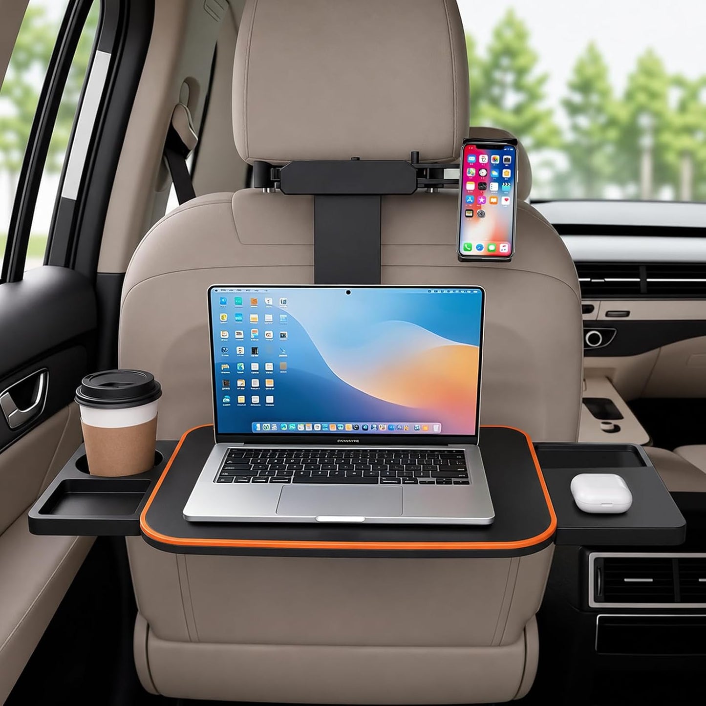 Large Car Tray Table for Back Seat, Foldable Car Desk for Laptop with Adjustable Height, Hidden Cup Holder & Phone Holder, Heavy Duty Travel Food Tray for Eating Working Road Trips (Orange)