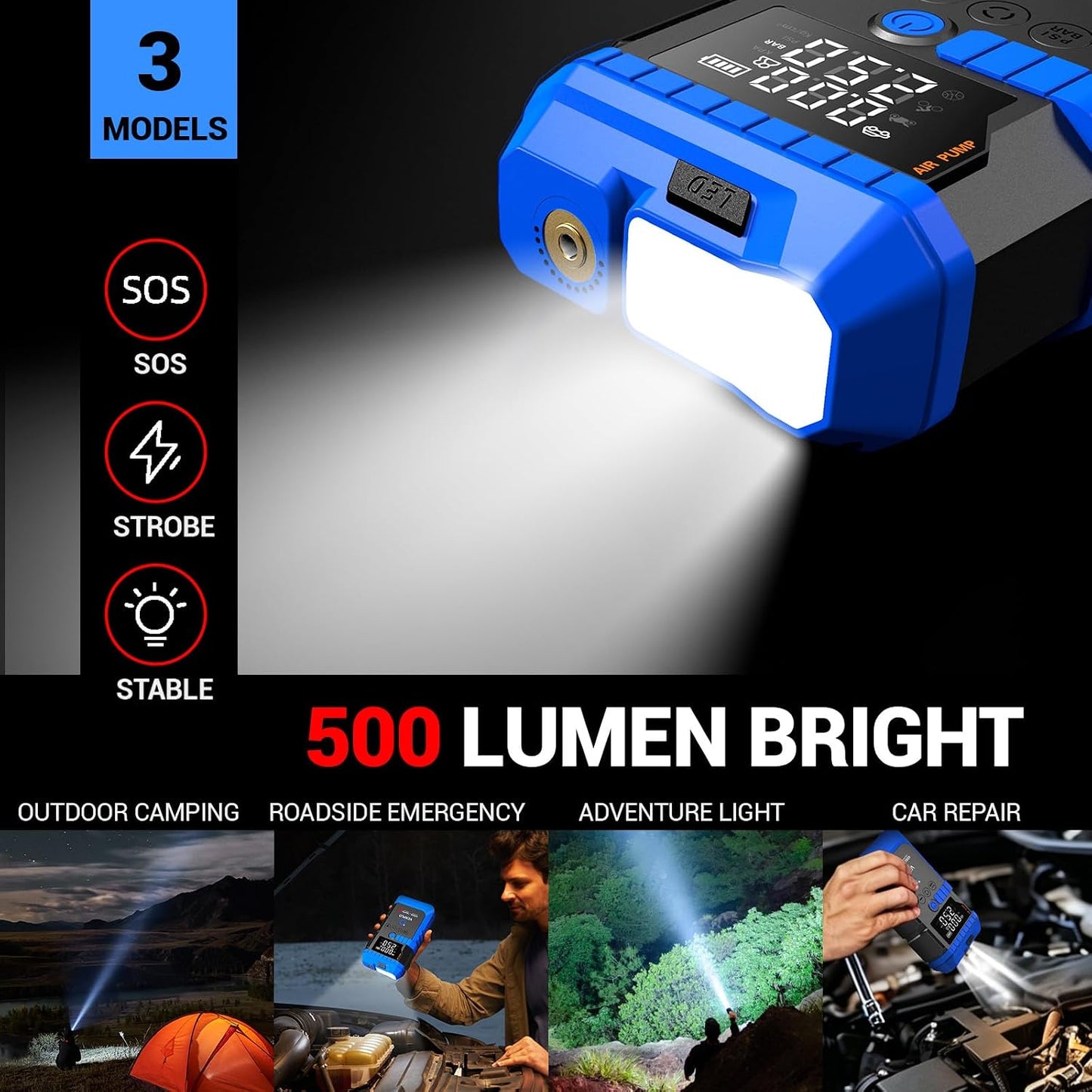 VEXPLO Jump Starter with Tire Inflator Portable Roadside Emergency Car Kit | 4000A Car Battery Jumper Start (9.0Gas/8LDiesel) 150PSI Auto-Off Tire Inflator 45W Fast Charger 8-in-1 Emergency Roadside Kit