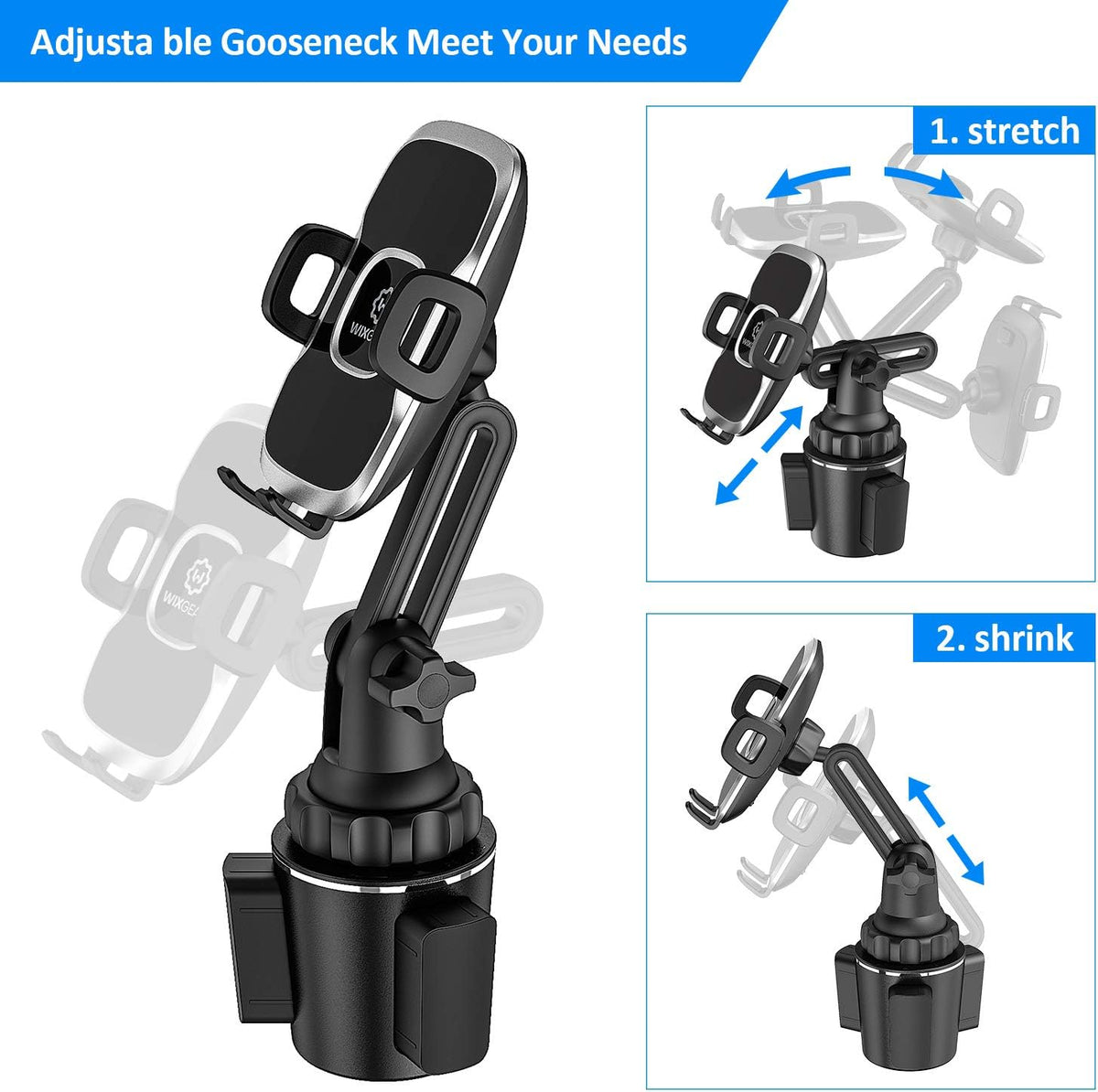 Cup Holder Phone Mount, Adjustable Long Neck Cellphone Holder for Car, Upgraded Version, Cup Phone Holder for Car with Expandable Side Arms, Compatible with iPhone Samsung Google & All Phones