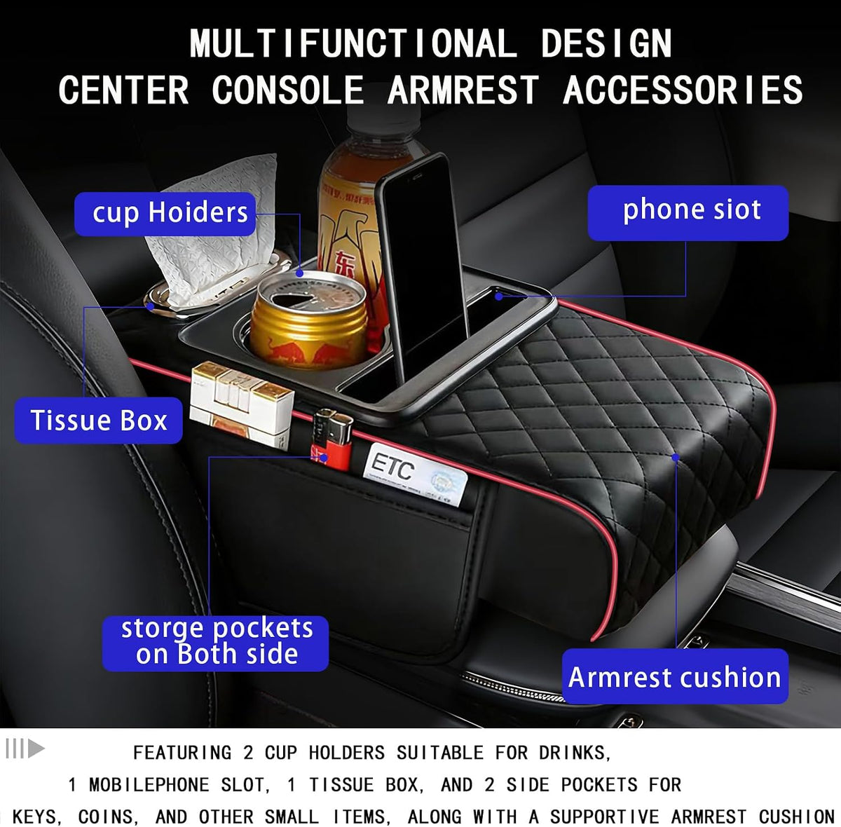Leather Car Armrest Cover, 5-in-1 Console Cushion with Storage & Cup Holder