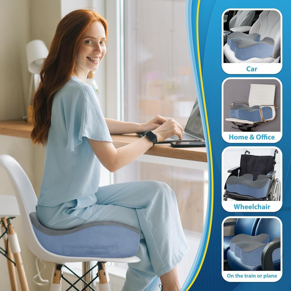 BlissTrends Memory Foam Seat Cushion for Office Chair & Car Seat Grey&Blue