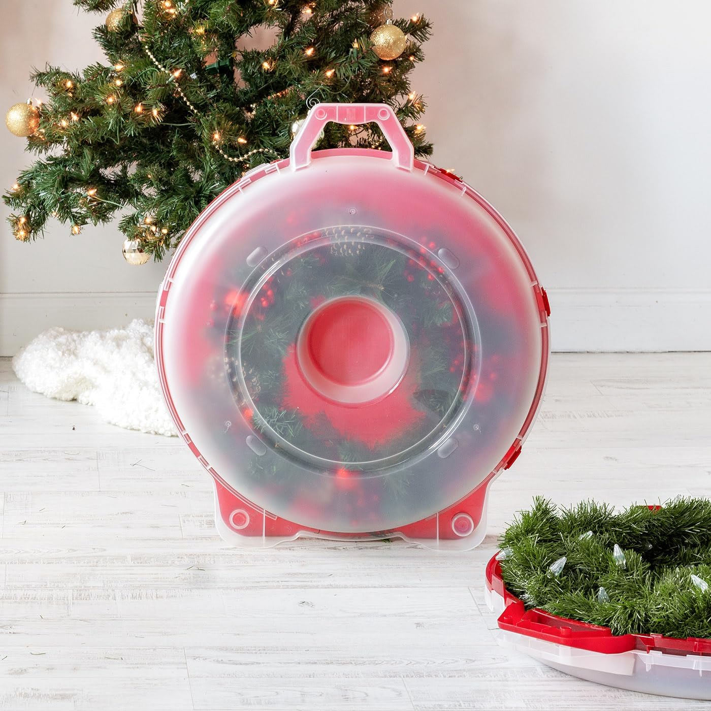 IRIS USA 24" Wreath Storage Container With Latches and Handle, 2 Pack, For Holiday Garland/Wreath, Holiday Decorations, and Heavy Duty, Portable, High Protection, and Space Saving Storage, Clear/Red