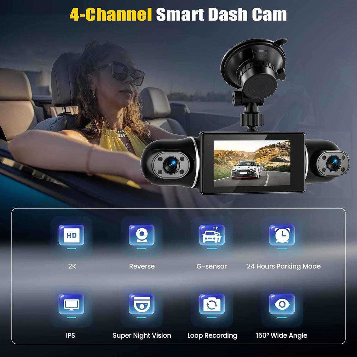 360° 4 Channel 1080P Dash Cam Front and Rear Inside,3” Dash Camera for Cars Car Camera with WiFi,APP Control,IR Night Vision,Loop Recording,G-Sensor,Parking Assistance,24H Parking Monitor