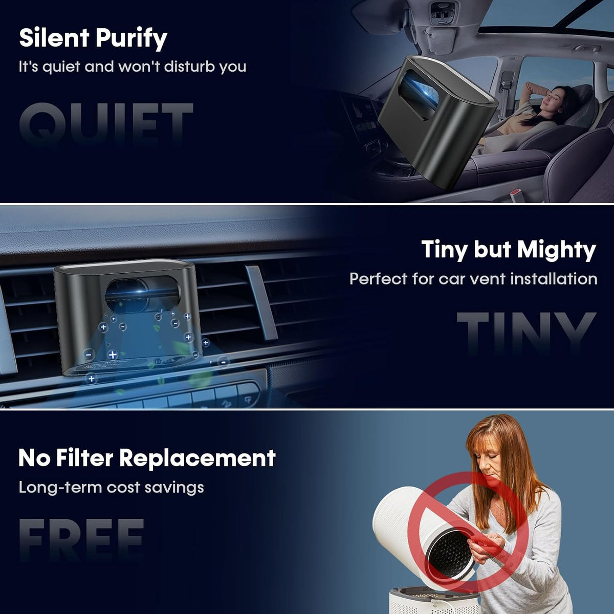 Smart Car Air Purifier Ionizer: Compact Filter-Free Car Odor Eliminator for Smoke Smell, Pet Odors & Food Odors, USB-C Powered, Quiet Auto On/Off, Universal Vent Clip for Cars