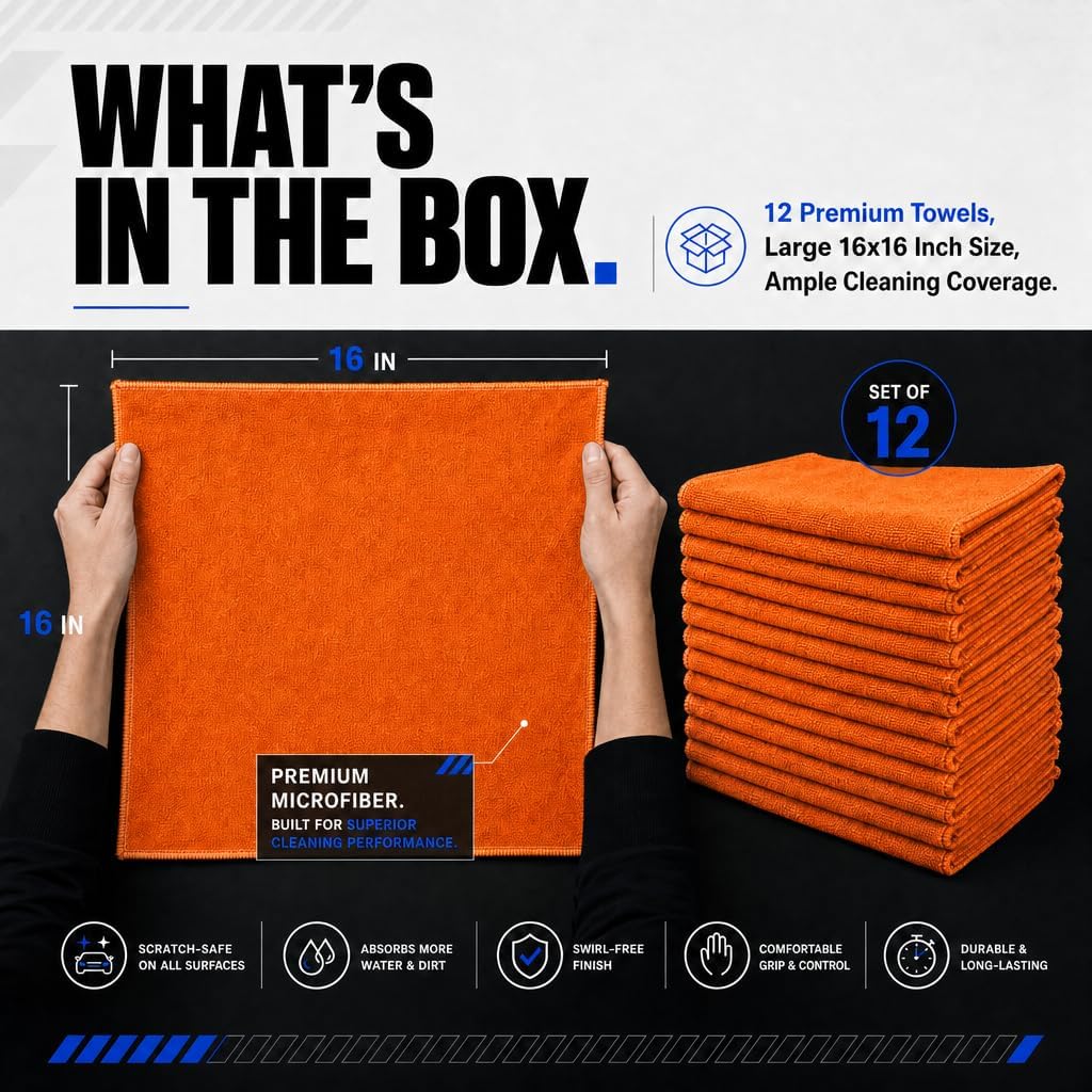 Premium Microfiber Cleaning Towels, 350 GSM, 16x16 Inch, 12 Pack, for Car, Glass, Bathroom and Home (Orange, 16" x 16")