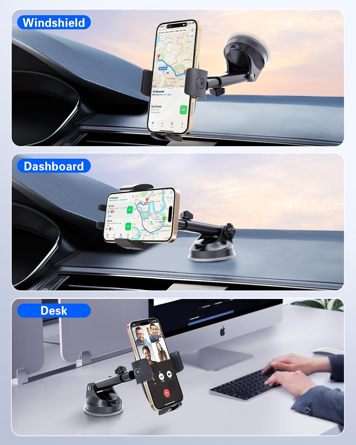 pop-tech Phone Mount for Car, [Military-Grade Suction] Universal Cell Phone Holder for Your Car Dashboard Windshield Window, Automobile Cradle Fit for iPhone Samsung All Smartphones with Thick Case