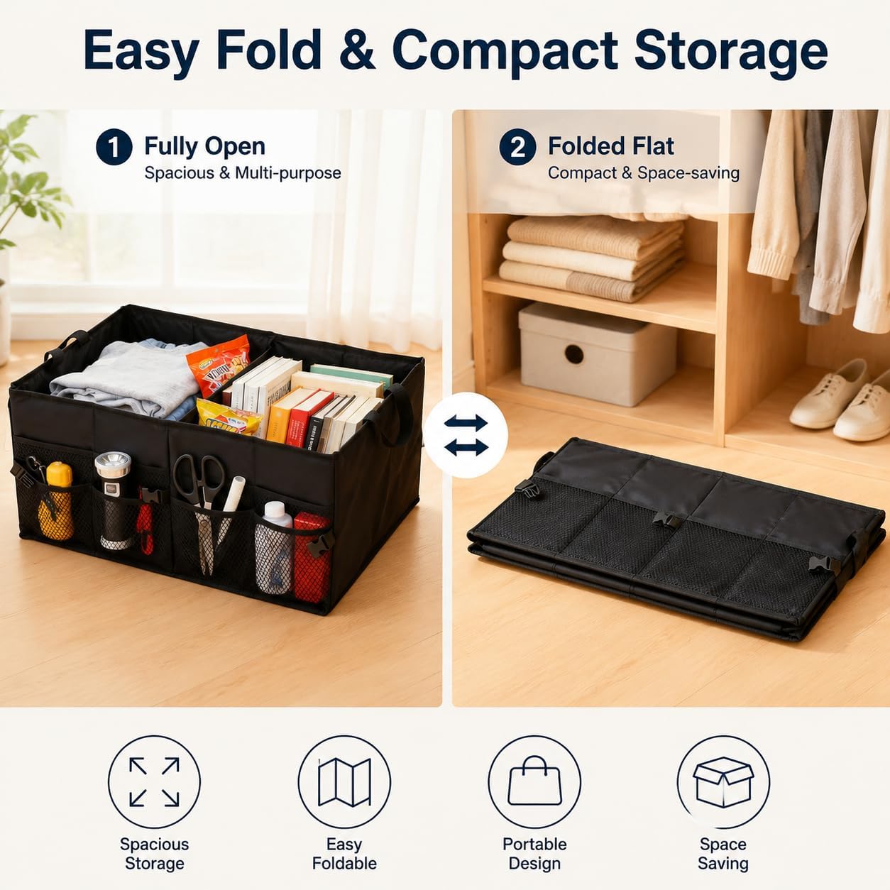 Collapsible Car Trunk Organizer with Leak-Proof Base, Adjustable Sections | Folds flat. Waterproof Oxford fabric, leak-proof base. Fits sedans, SUVs, trucks. Organizador maletero plegable